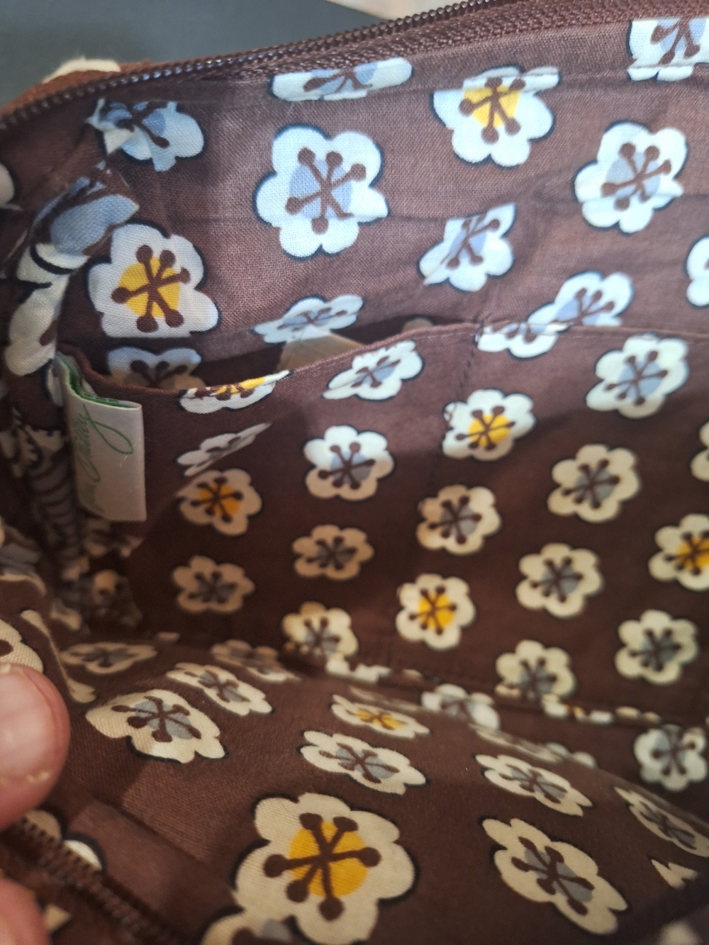 Vera Bradley Brown Floral Cosmetic Pouch with White and Yellow Flowers